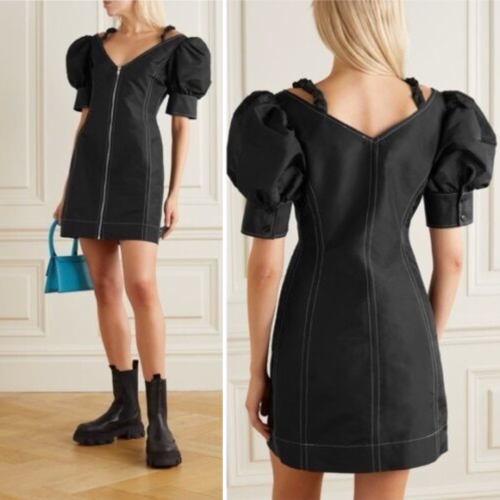 GANNI Taffeta Puff Sleeve V Neck Front Zipper Topstitched Black Minidress NEW